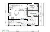 планировка 1 этажа полутораэтажного дома из бруса 8х6 с террасой