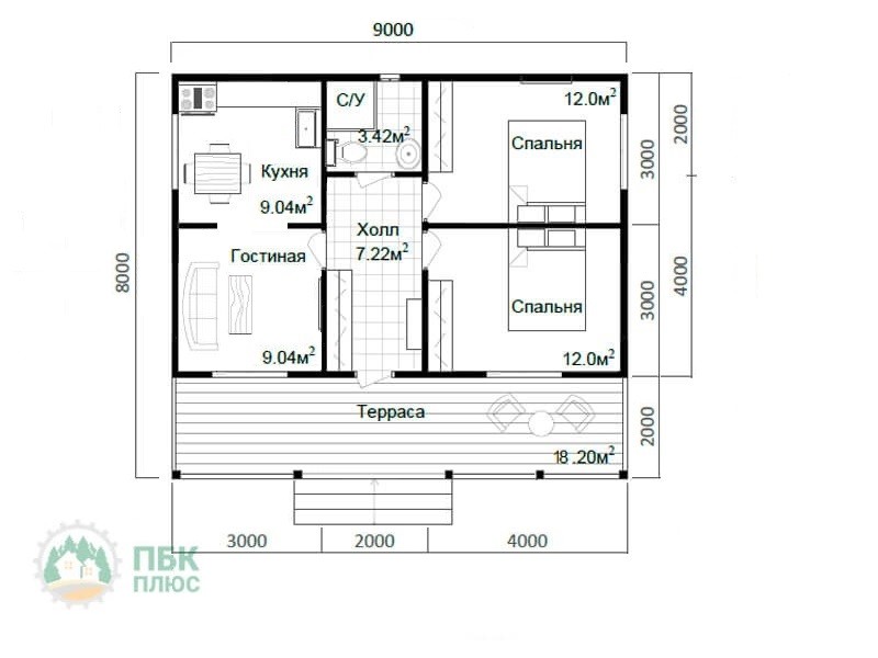 Проект дома из бруса одноэтажный 9х12 с террасой
