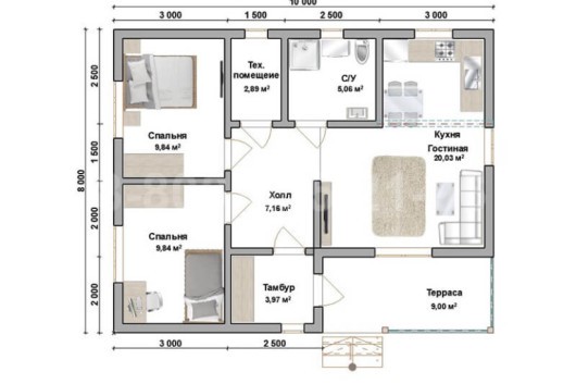 Одноэтажный каркасный дом «Рейн» 10х8