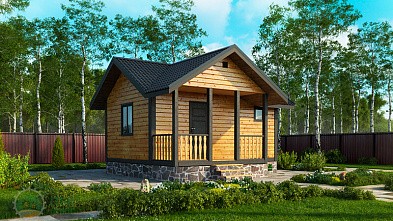 Маленькая одноэтажная баня из бруса «Ниша» 6х5.5 с террасой