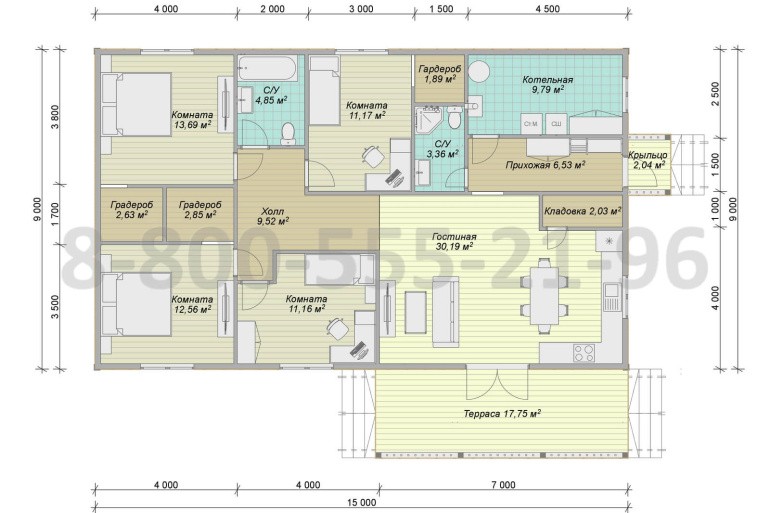 Одноэтажный каркасный дом «Ганг» 15х9 с террасой и крыльцом
