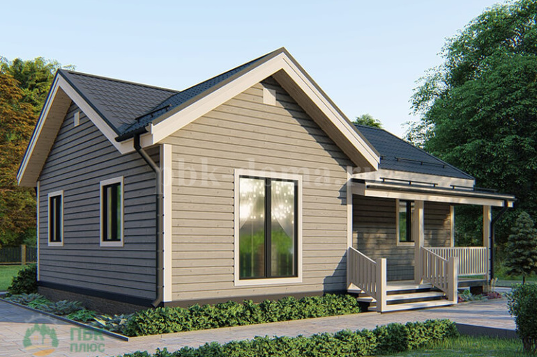 Одноэтажный дачный дом из бруса «Омолон» 10х7.25 с террасой