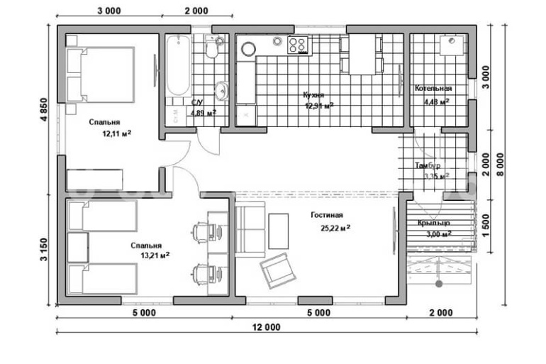 Одноэтажный дом из бруса «Мусь» 12х8