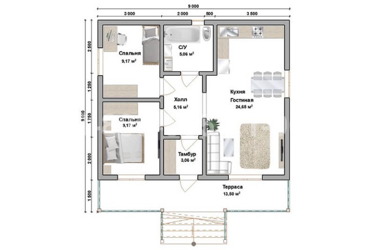 Одноэтажный дом из бруса «Лазурь» 9х9 с террасой