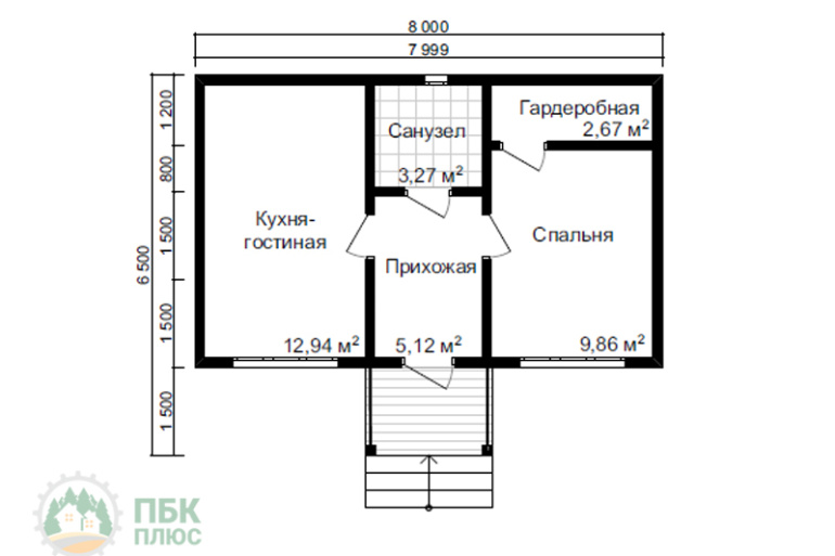 Одноэтажный дачный дом из бруса «Десна» 8х6.5