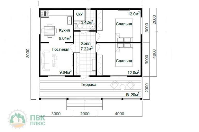 Одноэтажный каркасный дом «Витьюм» 9х8