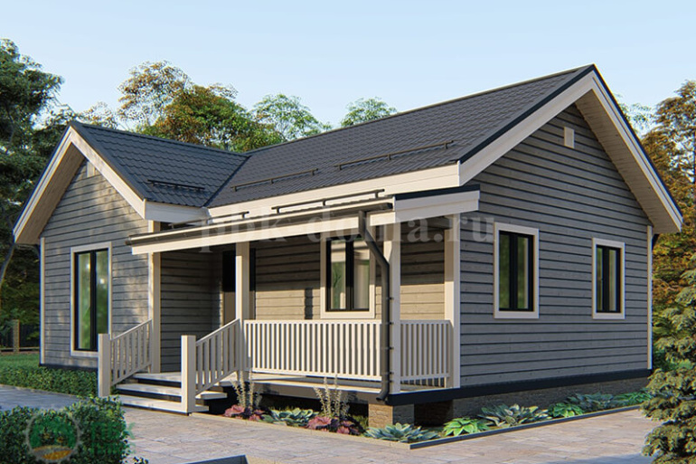 Одноэтажный дачный дом из бруса «Омолон» 10х7.25 с террасой