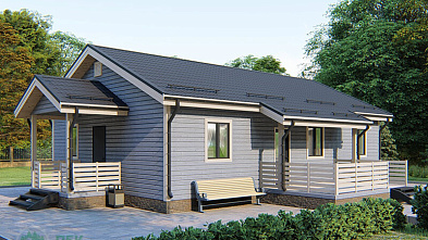 Одноэтажный дом из бруса «Омь» 13.8х11 с террасой и крыльцом