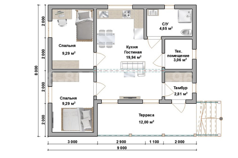 Одноэтажный дом из бруса «Енисей» 9х8