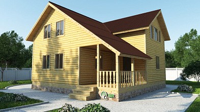 Полутораэтажный дом из бруса «Волга» 9х9 с террасой и кукушкой