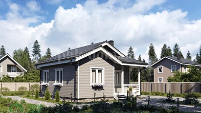 Одноэтажный дачный дом из бруса «Вилюй» 8х8 с террасой и двускатной крышей