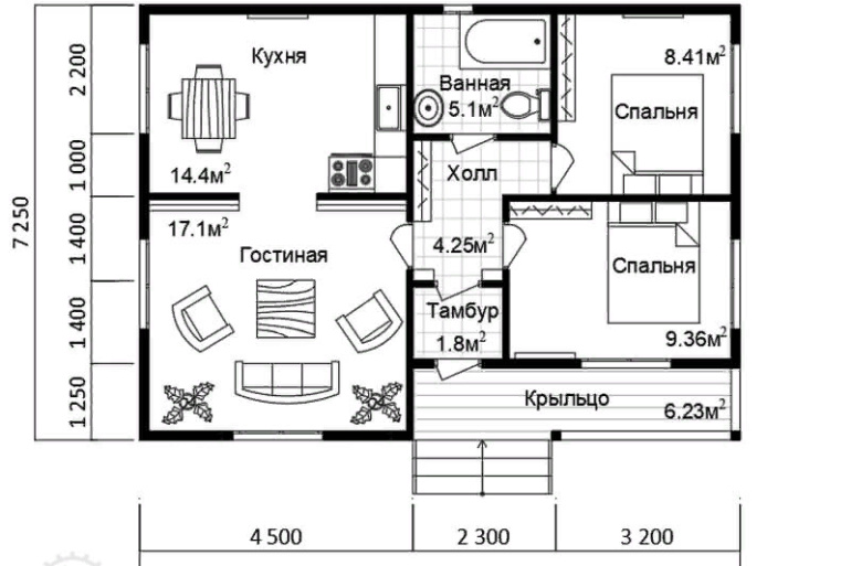 Одноэтажный дачный дом из бруса «Омолон» 10х7.25 с террасой