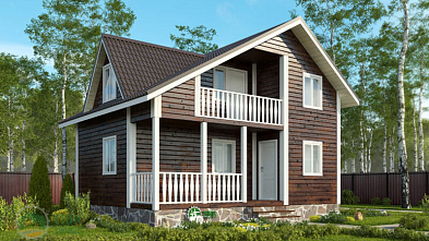 Дом из бруса «Тифина» 8х6 с террасой, кукушкой и балконом