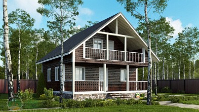 Большой дом из бруса «Кадал» 8х8 с террасой и балконом