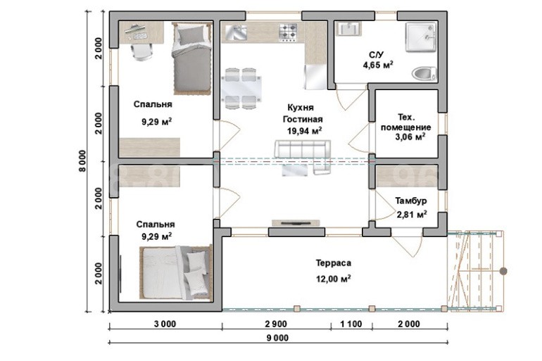 Каркасный одноэтажный дачный дом «Енисей» 9х8