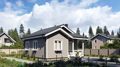 Небольшой дом из бруса «Вилюй» 8х8 с террасой и двускатной крышей