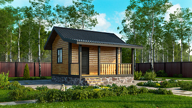 Небольшая одноэтажная баня из бруса «Змейка» 5х5 с террасой