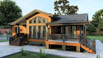 Одноэтажный каркасный дом «Кама» 14х9.3 с террасой