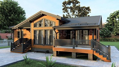 Одноэтажный каркасный дом «Кама» 14х9.3 с террасой