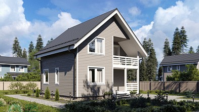 Полутораэтажный дом из бруса «Тура» 8.1х8.1 с террасой и балконом