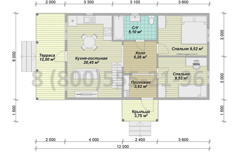 Двухэтажный каркасный дом 12х6м «Алсек» с террасой и лофтом