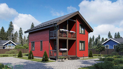 Полутораэтажный дом из бруса «Анадырь» 9.9х7 с террасой и балконом